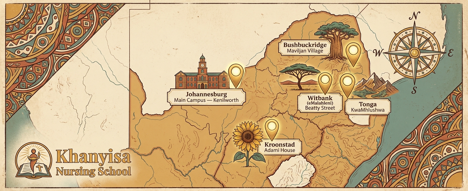 Map of South Africa with Khanyisa campus locations